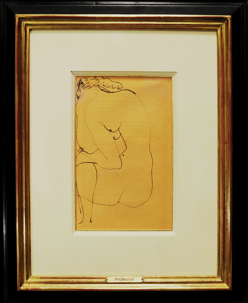 Nu assis de dos (verso), Tête d’homme barbu (recto), Plume sur page de livre, 18x11.5cm sans cadre, 37x30cm avec cadre