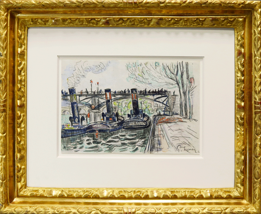 Paris, Remorqueurs au Pont des Arts, Fusain et aquarelle sur papier, 20x30.5cm